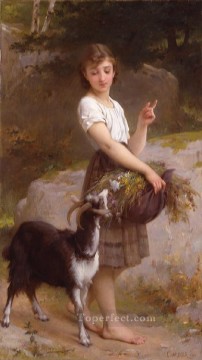  flores Lienzo - Niña con cabra y flores Chica de realismo académico Emile Munier